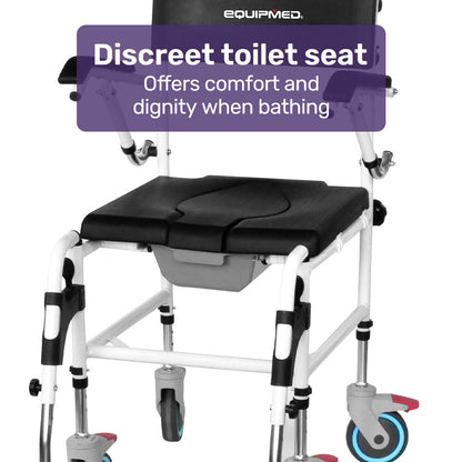Equipmed Commode Shower Chair, Over Toilet or Bedside 136kg Capacity Aluminium frame with Wheels, Black V219-HELSBSEQCC5A
