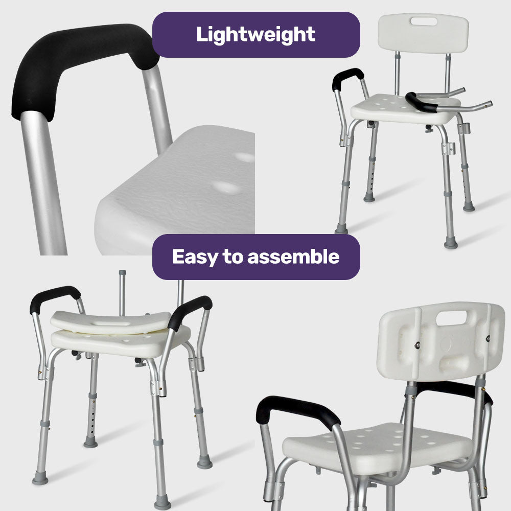 EQUIPMED Shower Chair Bath Seat 120kg Capacity, with Arms, Adjustable Height, for Elderly, White V219-HELSBSEQSC6A