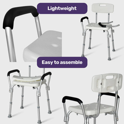 EQUIPMED Shower Chair Bath Seat 120kg Capacity, with Arms, Adjustable Height, for Elderly, White V219-HELSBSEQSC6A