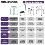EQUIPMED Shower Chair Bath Seat 120kg Capacity, with Arms, Adjustable Height, for Elderly, White V219-HELSBSEQSC6A