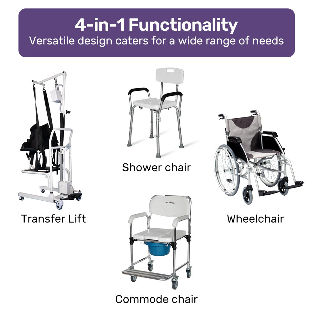 EQUIPMED 4in1 Patient Lift Transfer Chair, Manual Height Adjustment, Shower Compatible, Over Toilet, V219-HELTRNEQHT3A