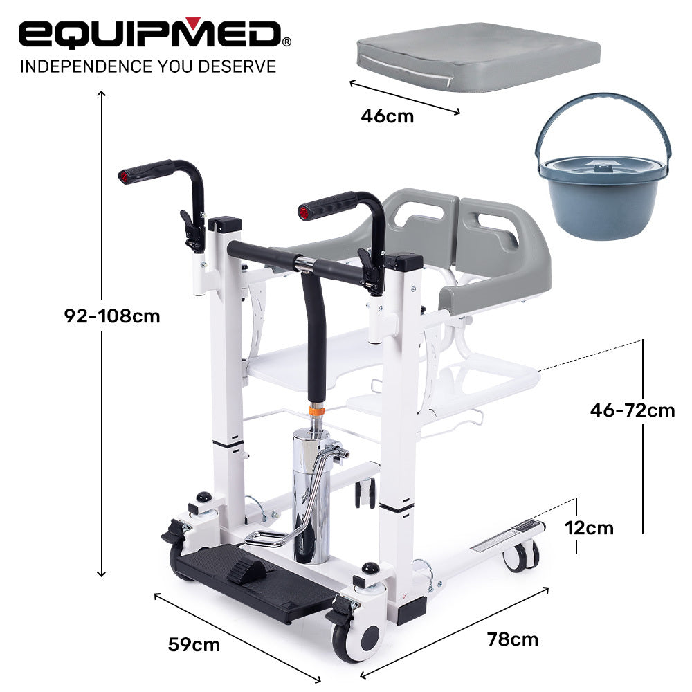 Equipmed Patient Lift Transfer Chair, Easy Hydraulic Height Adjustment, Shower Compatible, Over Toilet, V219-HELTRNEQHT5A