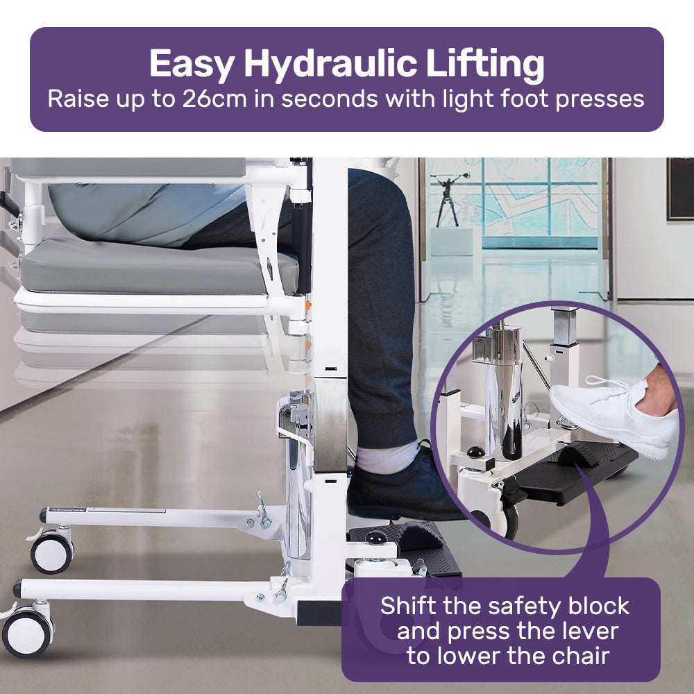 Equipmed Patient Lift Transfer Chair, Easy Hydraulic Height Adjustment, Shower Compatible, Over Toilet, V219-HELTRNEQHT5A