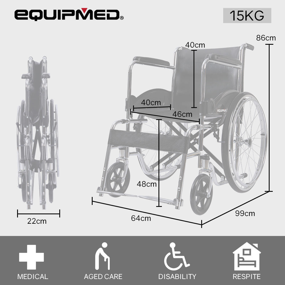 Equipmed Folding Manual Wheelchair Self Propelled, 24" Rear Wheels, Chrome Steel Frame, 46cm Wide Seat, 100kg V219-HELWLCEQ1EKA