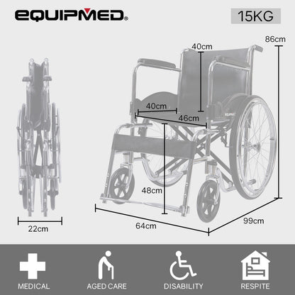 Equipmed Folding Manual Wheelchair Self Propelled, 24" Rear Wheels, Chrome Steel Frame, 46cm Wide Seat, 100kg V219-HELWLCEQ1EKA