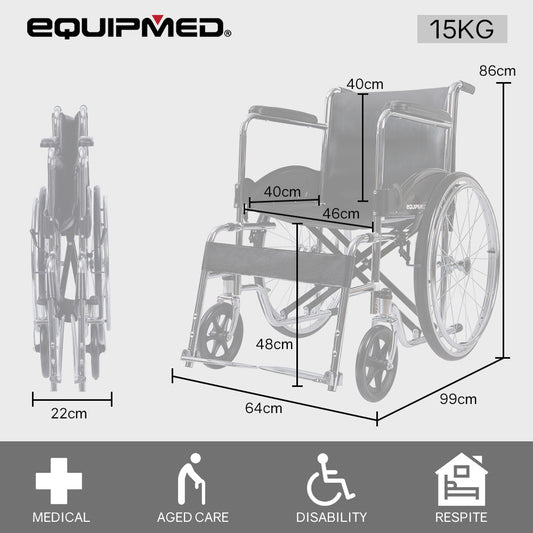 Equipmed Folding Manual Wheelchair Self Propelled, 24" Rear Wheels, Chrome Steel Frame, 46cm Wide Seat, 100kg V219-HELWLCEQ1EKA