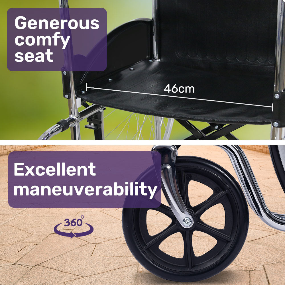 Equipmed Folding Manual Wheelchair Self Propelled, 24" Rear Wheels, Chrome Steel Frame, 46cm Wide Seat, 100kg V219-HELWLCEQ1EKA