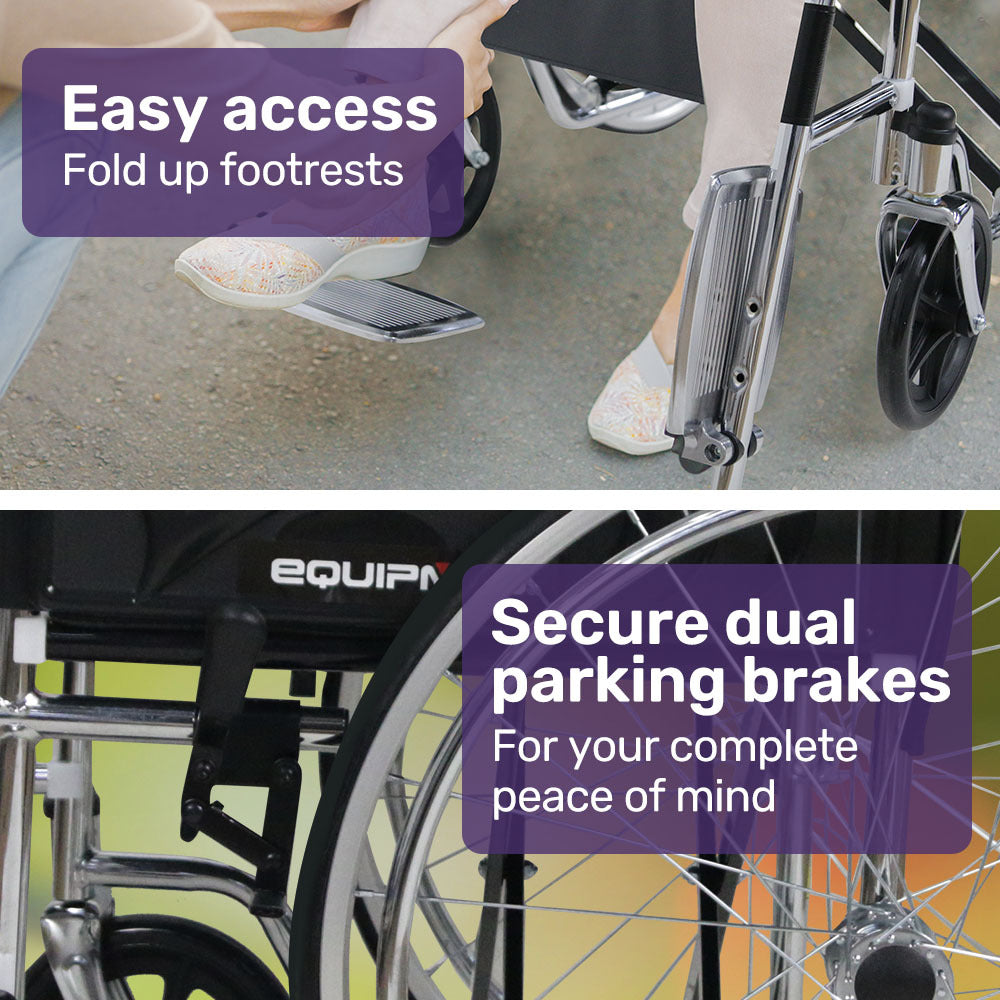 Equipmed Folding Manual Wheelchair Self Propelled, 24" Rear Wheels, Chrome Steel Frame, 46cm Wide Seat, 100kg V219-HELWLCEQ1EKA