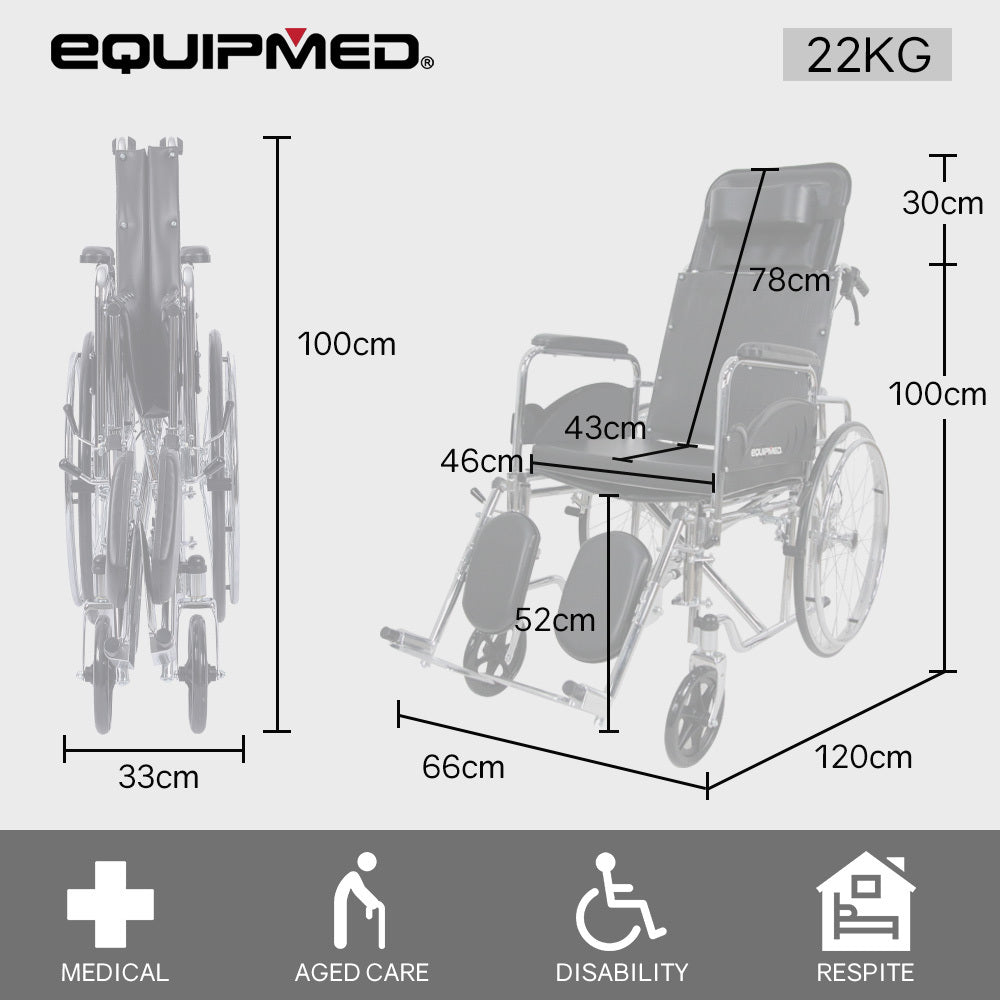 Equipmed Folding Manual Reclining Wheelchair Self Propelled, 24" Rear Wheels, Chrome Steel Frame, 46cm Wide V219-HELWLCEQ1RKA