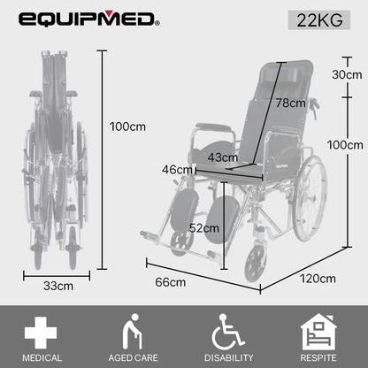 Equipmed Folding Manual Reclining Wheelchair Self Propelled, 24" Rear Wheels, Chrome Steel Frame, 46cm Wide V219-HELWLCEQ1RKA