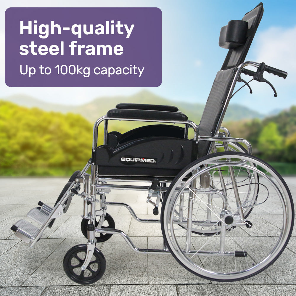 Equipmed Folding Manual Reclining Wheelchair Self Propelled, 24" Rear Wheels, Chrome Steel Frame, 46cm Wide V219-HELWLCEQ1RKA