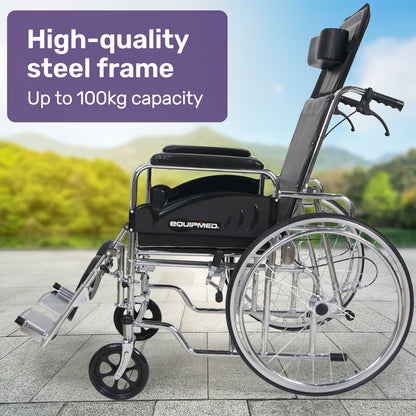Equipmed Folding Manual Reclining Wheelchair Self Propelled, 24" Rear Wheels, Chrome Steel Frame, 46cm Wide V219-HELWLCEQ1RKA
