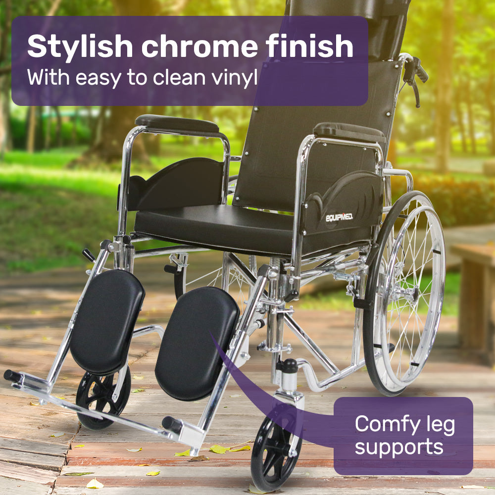 Equipmed Folding Manual Reclining Wheelchair Self Propelled, 24" Rear Wheels, Chrome Steel Frame, 46cm Wide V219-HELWLCEQ1RKA