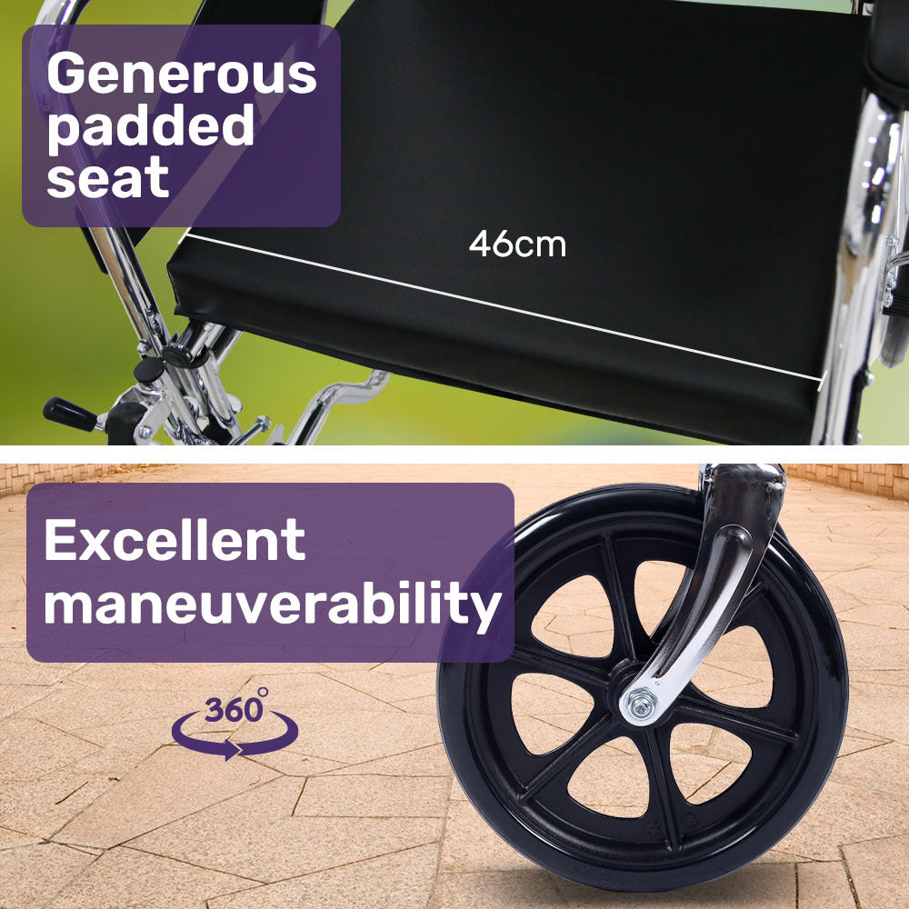 Equipmed Folding Manual Reclining Wheelchair Self Propelled, 24" Rear Wheels, Chrome Steel Frame, 46cm Wide V219-HELWLCEQ1RKA