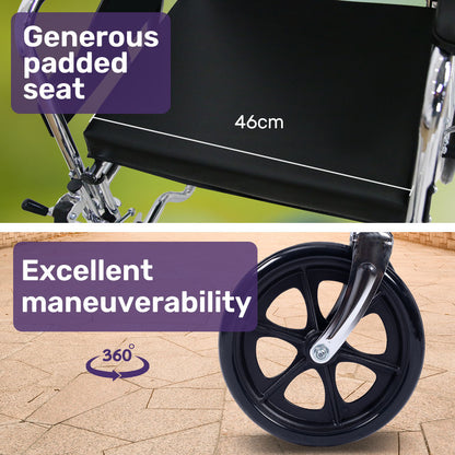 Equipmed Folding Manual Reclining Wheelchair Self Propelled, 24" Rear Wheels, Chrome Steel Frame, 46cm Wide V219-HELWLCEQ1RKA