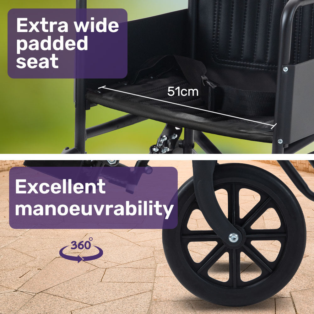EQUIPMED Folding Transit Manual Wheelchair, Attendant Propelled, Steel Frame, Wide Seat, Comfortable for V219-HELWLCEQB51A
