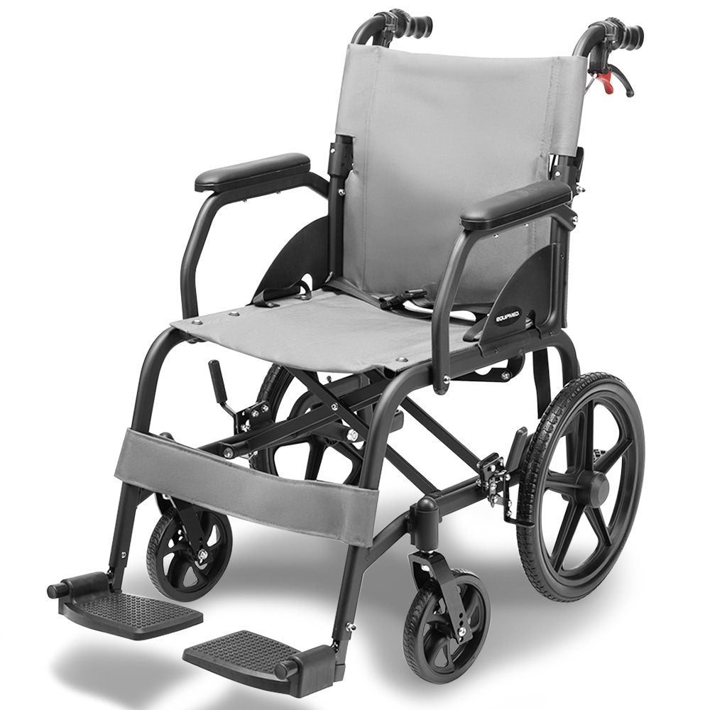 Equipmed Folding Transit Wheelchair, Lightweight Aluminium for Easy Transport, Grey V219-HELWLCEQG41A
