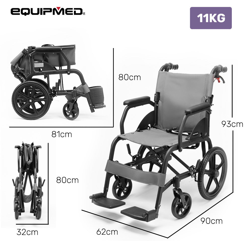 Equipmed Folding Transit Wheelchair, Lightweight Aluminium for Easy Transport, Grey V219-HELWLCEQG41A