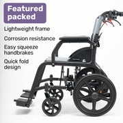 Equipmed Folding Transit Wheelchair, Lightweight Aluminium for Easy Transport, Grey V219-HELWLCEQG41A