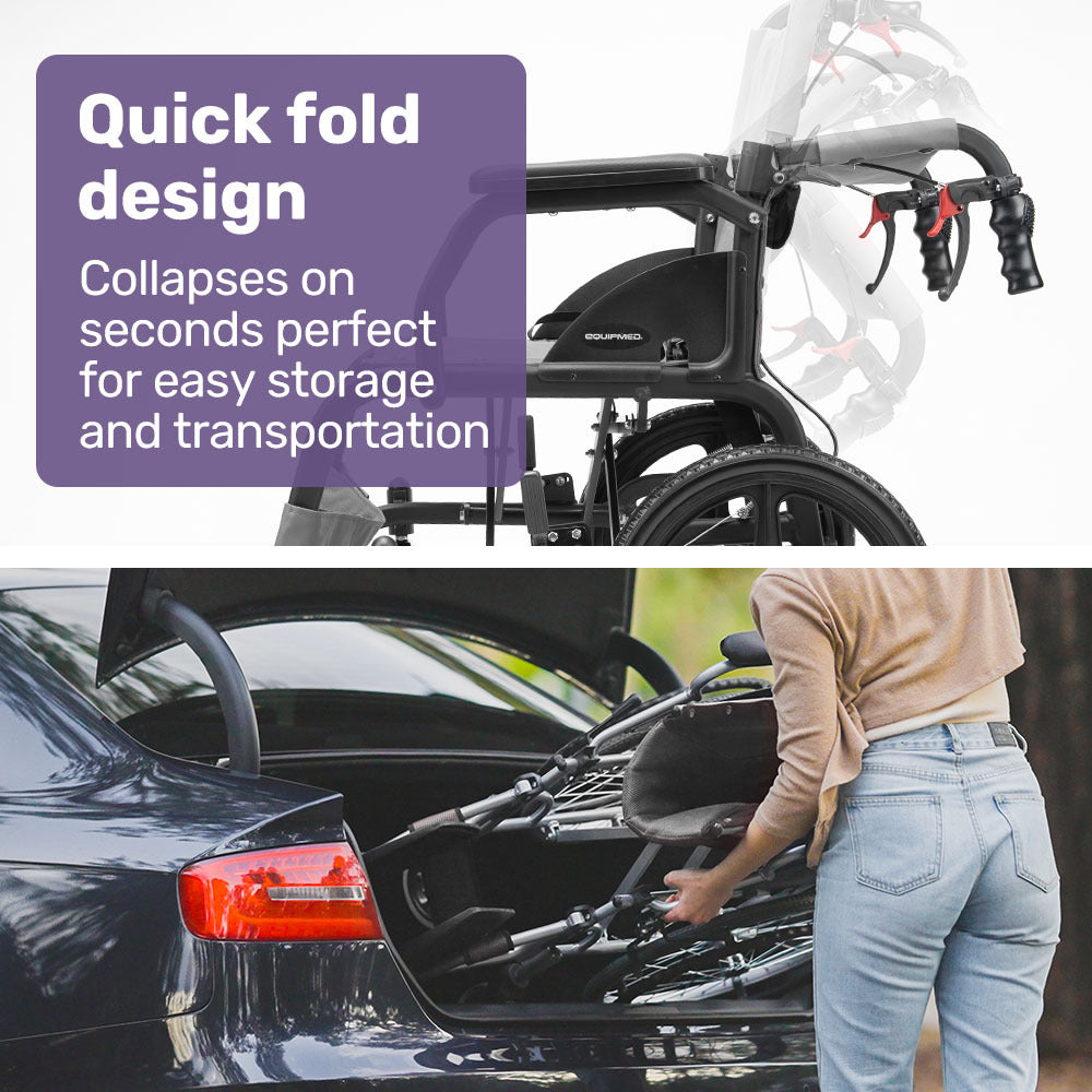 Equipmed Folding Transit Wheelchair, Lightweight Aluminium for Easy Transport, Grey V219-HELWLCEQG41A