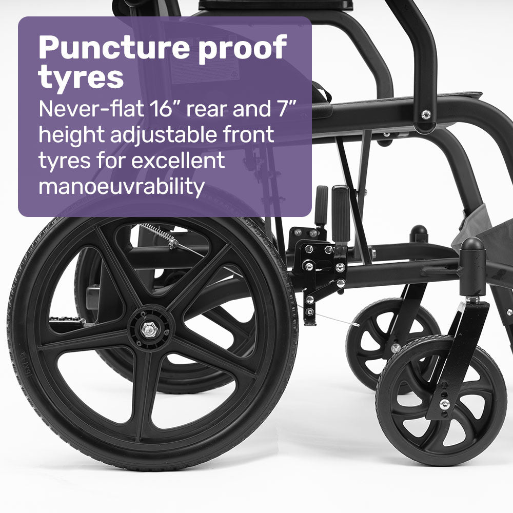 Equipmed Folding Transit Wheelchair, Lightweight Aluminium for Easy Transport, Grey V219-HELWLCEQG41A