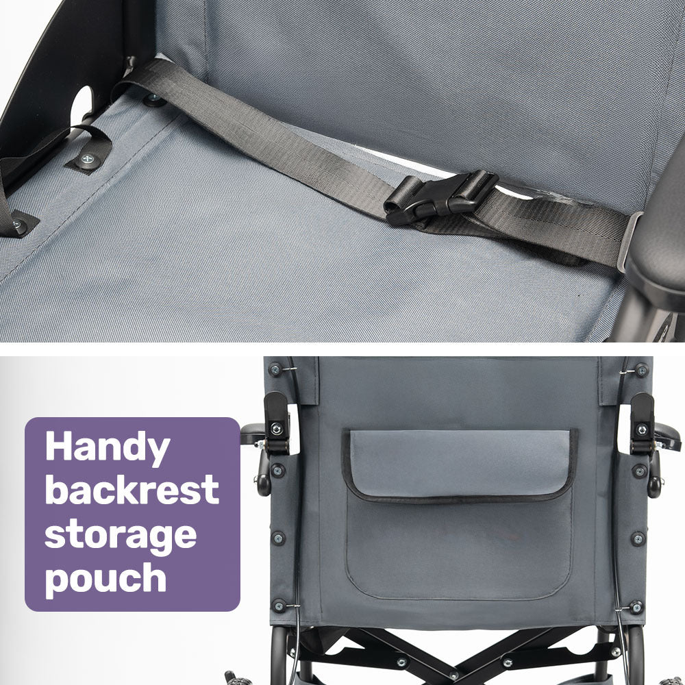 Equipmed Folding Transit Wheelchair, Lightweight Aluminium for Easy Transport, Grey V219-HELWLCEQG41A