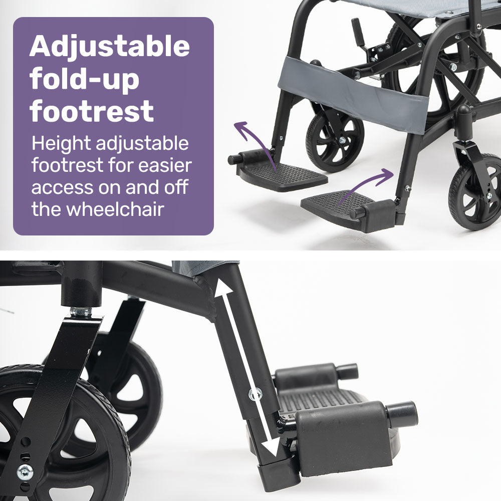 Equipmed Folding Transit Wheelchair, Lightweight Aluminium for Easy Transport, Grey V219-HELWLCEQG41A