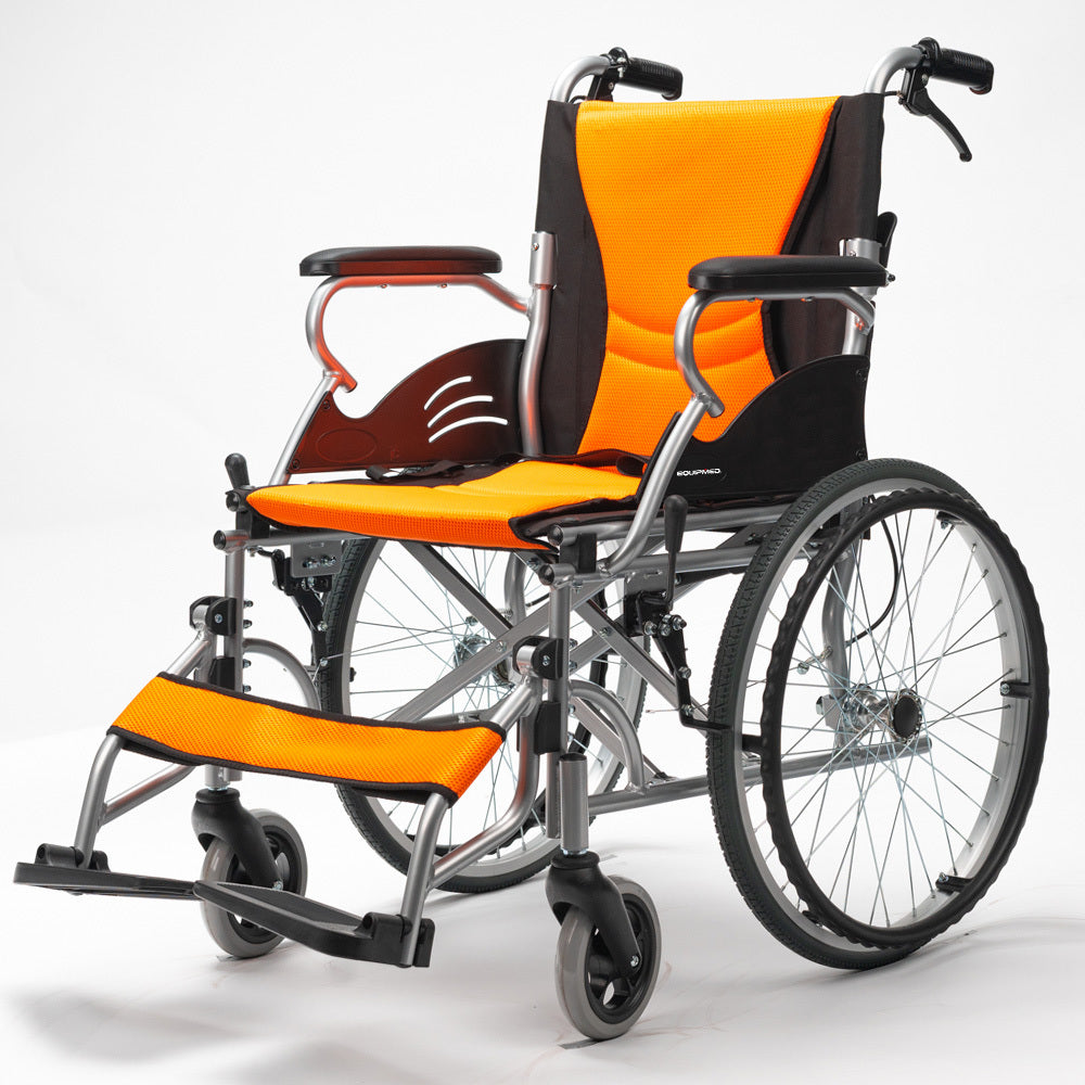 EQUIPMED Folding Aluminium Wheelchair, 20" Wheels, Park Brakes, 100kg Capacity, Orange V219-HELWLCEQO20A