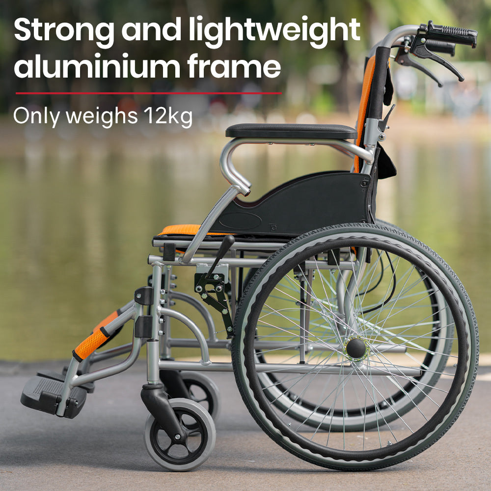 EQUIPMED Folding Aluminium Wheelchair, 20" Wheels, Park Brakes, 100kg Capacity, Orange V219-HELWLCEQO20A