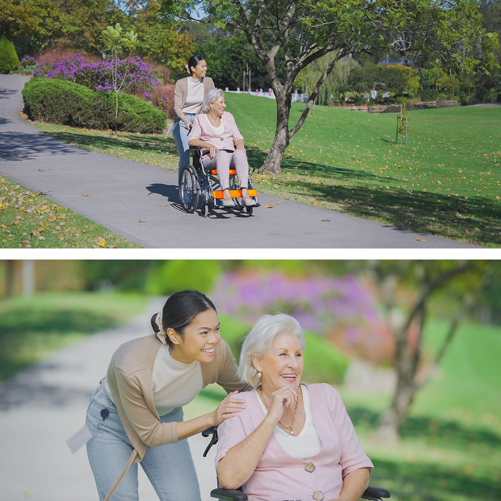 EQUIPMED Folding Aluminium Wheelchair, 20" Wheels, Park Brakes, 100kg Capacity, Orange V219-HELWLCEQO20A