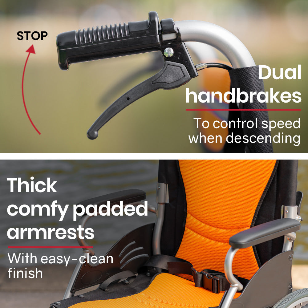 EQUIPMED Folding Aluminium Wheelchair, 20" Wheels, Park Brakes, 100kg Capacity, Orange V219-HELWLCEQO20A