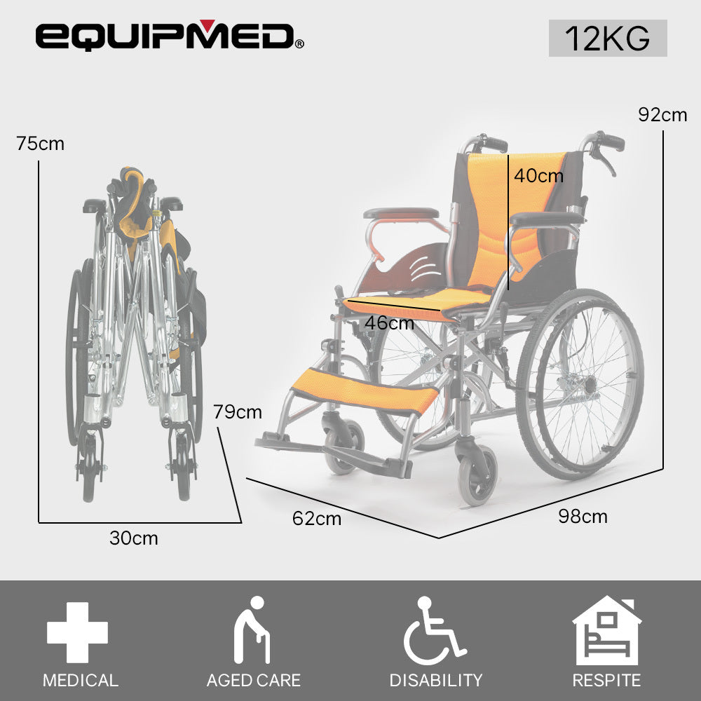 EQUIPMED Folding Aluminium Wheelchair, 20" Wheels, Park Brakes, 100kg Capacity, Orange V219-HELWLCEQO20A