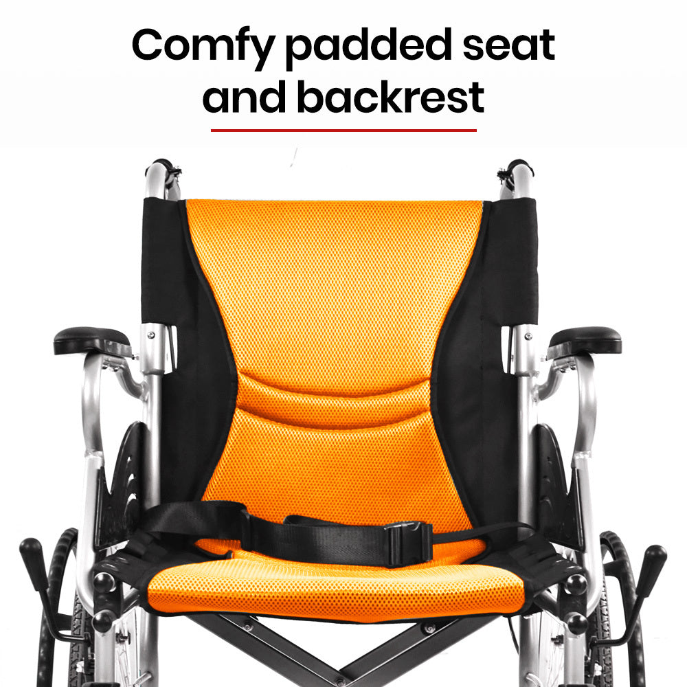 EQUIPMED Folding Aluminium Wheelchair, 20" Wheels, Park Brakes, 100kg Capacity, Orange V219-HELWLCEQO20A