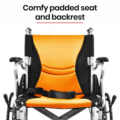 EQUIPMED Folding Aluminium Wheelchair, 20" Wheels, Park Brakes, 100kg Capacity, Orange V219-HELWLCEQO20A