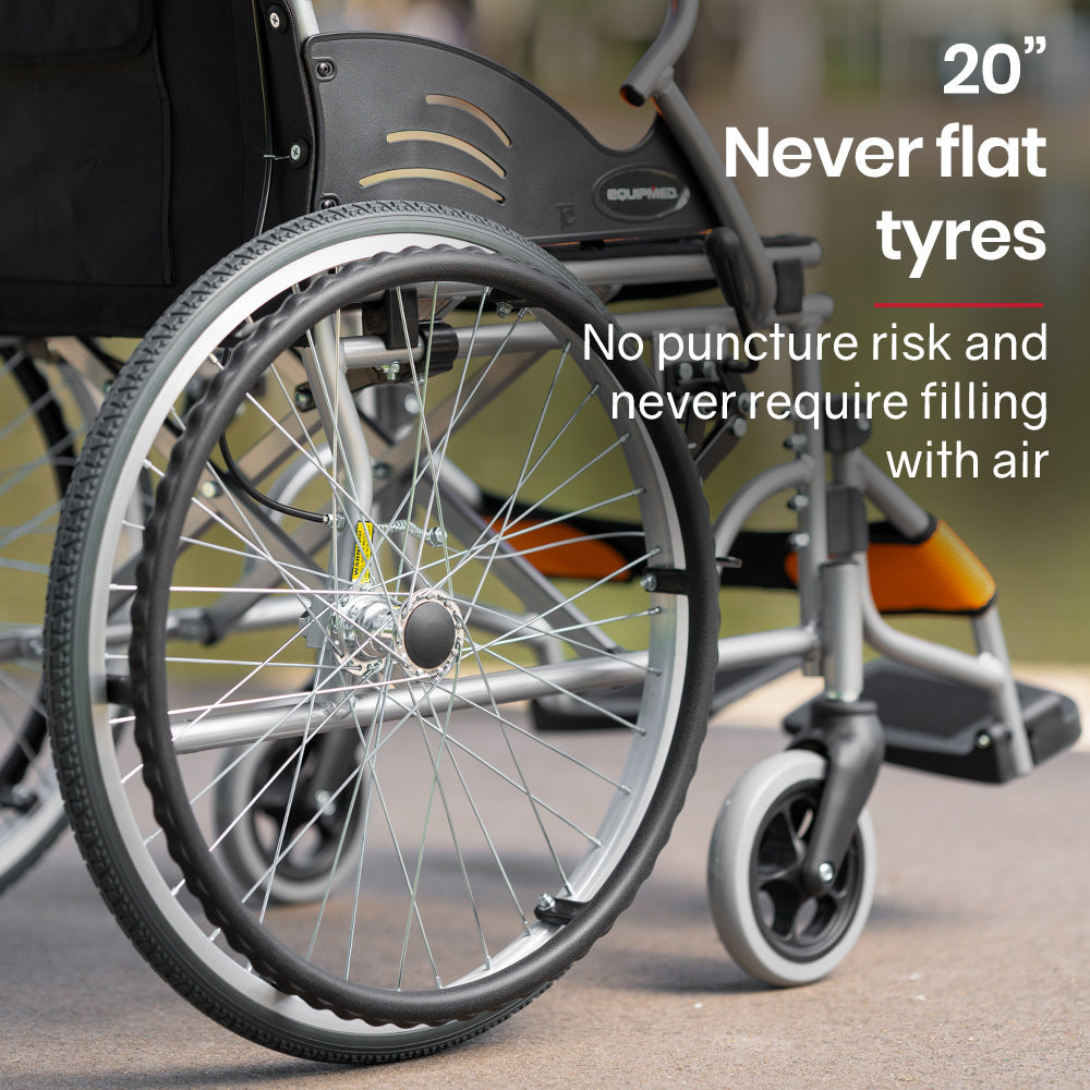 EQUIPMED Folding Aluminium Wheelchair, 20" Wheels, Park Brakes, 100kg Capacity, Orange V219-HELWLCEQO20A