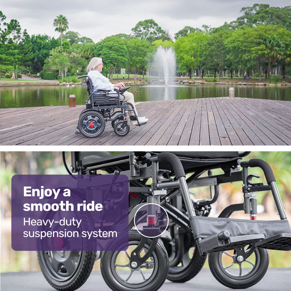 Equipmed Electric Folding Wheelchair, Wide Bariatric Chair Seat, Comfortable for S-XL, Long Range, Lithium V219-HELWLCEQPGK4A
