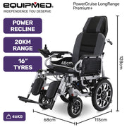 EQUIPMED Electric Wheelchair, Power Recline, Long Range, Lithium Battery, 16" Rear Wheels, Headrest, Folding, V219-HELWLCEQPGK9A