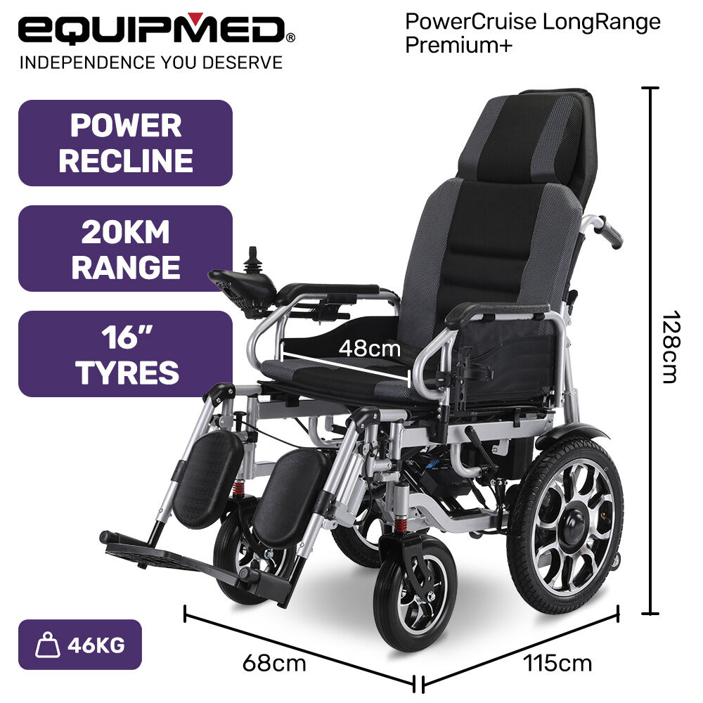EQUIPMED Electric Wheelchair, Power Recline, Long Range, Lithium Battery, 16" Rear Wheels, Headrest, Folding, V219-HELWLCEQPGK9A