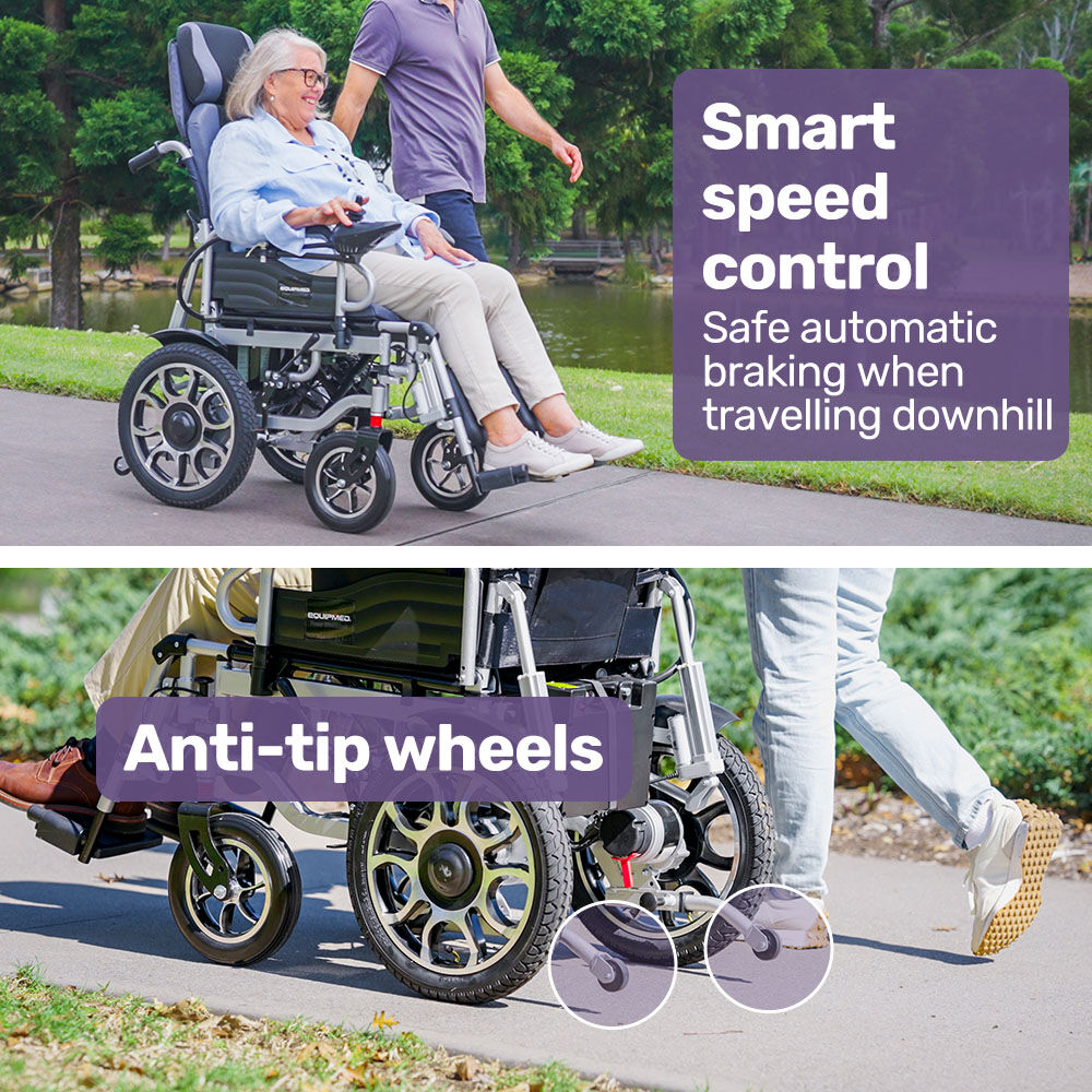 EQUIPMED Electric Wheelchair, Power Recline, Long Range, Lithium Battery, 16" Rear Wheels, Headrest, Folding, V219-HELWLCEQPGK9A