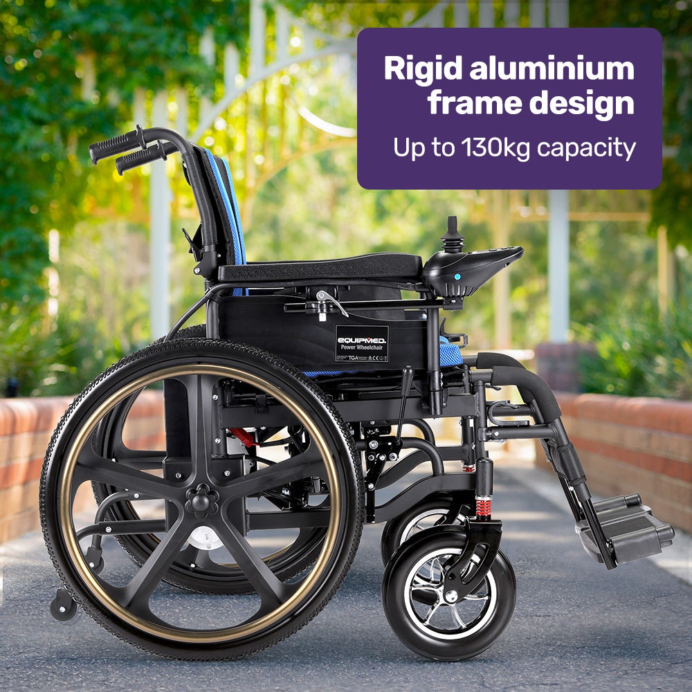 EQUIPMED Electric Wheelchair Folding, Long Range, Airline Approved, Lithium Battery, 24" Light Rear Wheels, V219-HELWLCEQPKB2A