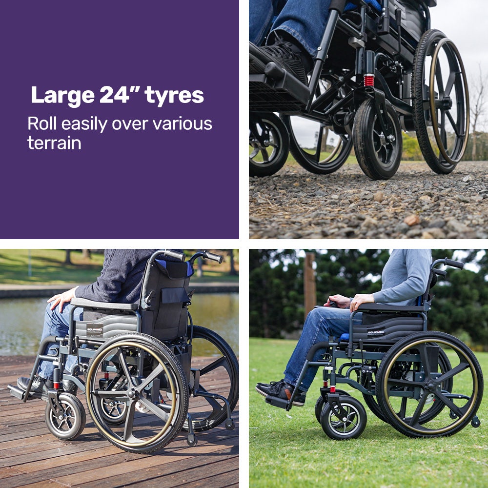 EQUIPMED Electric Wheelchair Folding, Long Range, Airline Approved, Lithium Battery, 24" Light Rear Wheels, V219-HELWLCEQPKB2A
