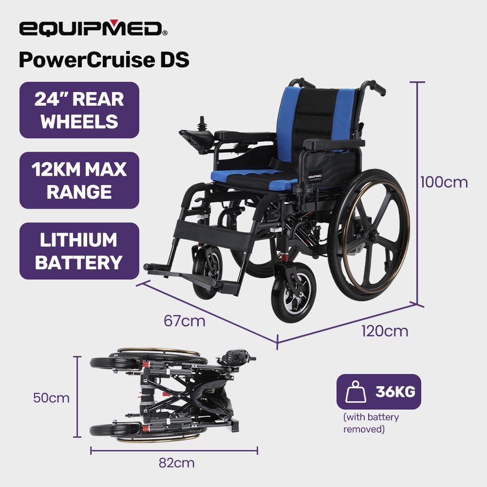 EQUIPMED Electric Wheelchair Folding, Long Range, Airline Approved, Lithium Battery, 24" Light Rear Wheels, V219-HELWLCEQPKB2A