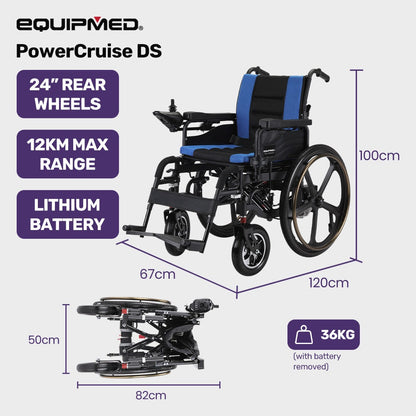 EQUIPMED Electric Wheelchair Folding, Long Range, Airline Approved, Lithium Battery, 24" Light Rear Wheels, V219-HELWLCEQPKB2A