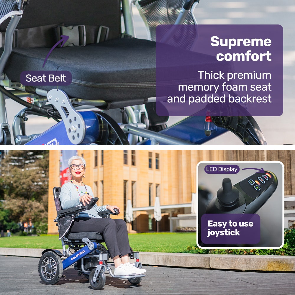 EQUIPMED Power Electric Wheelchair, Long Range, Airline Approved, Folding, Aluminium Frame, Lithium Battery, V219-HELWLCEQPKB6A