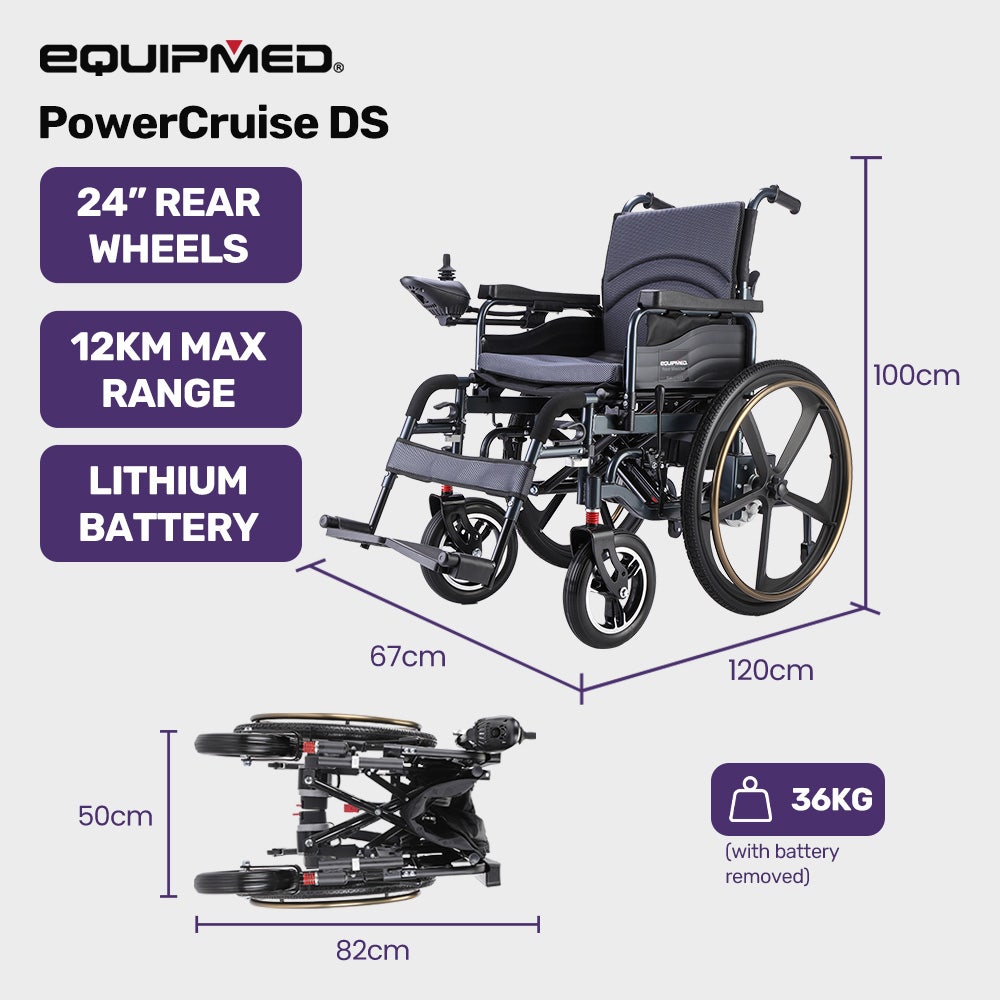 EQUIPMED Electric Wheelchair Folding, Folding, Long Range, Lithium Battery, 24" Rear Wheels, Black V219-HELWLCEQPKK2A