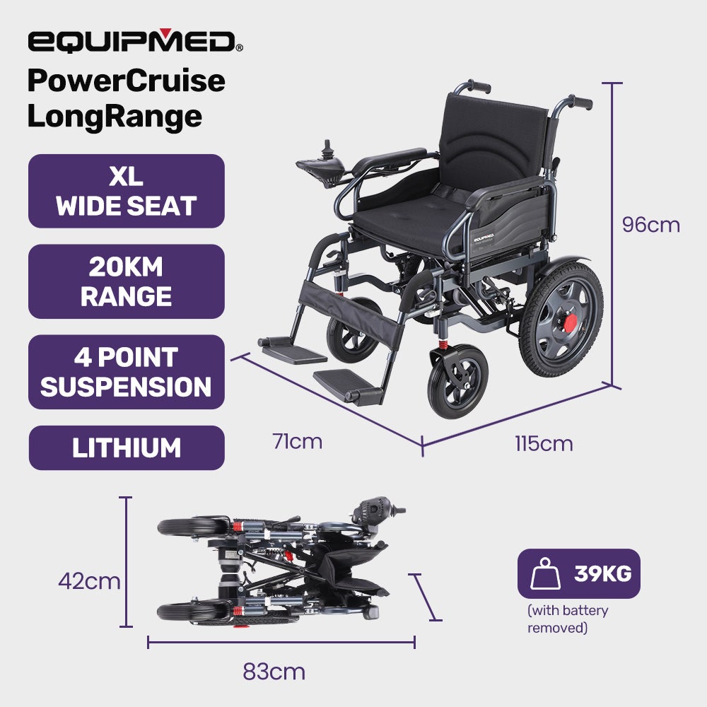 EQUIPMED Electric Folding Wheelchair, Wide Bariatric Chair Seat, Comfortable for S-XL, Long Range, Lithium V219-HELWLCEQPKK4A