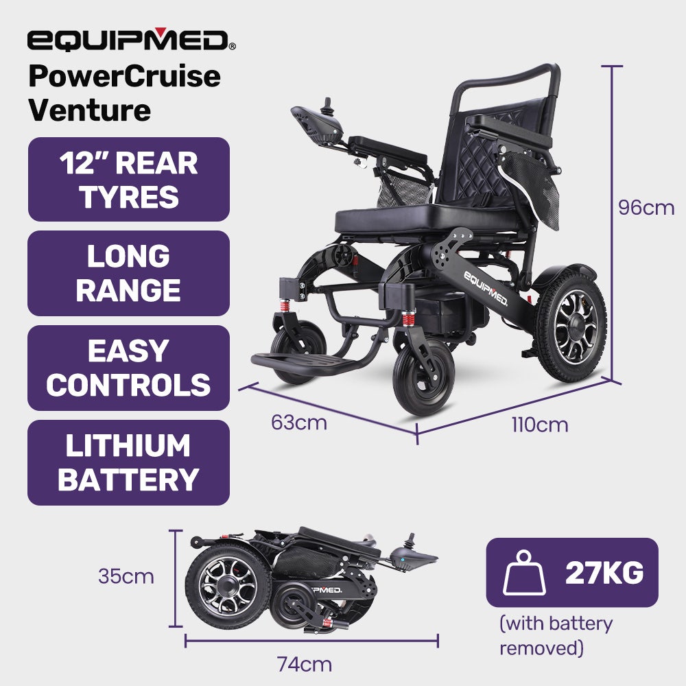 EQUIPMED Electric Folding Wheelchair, Long Range, Airline Approved, Aluminium Frame, Lithium Battery, Black V219-HELWLCEQPKK6A