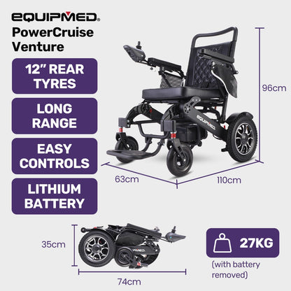 EQUIPMED Electric Folding Wheelchair, Long Range, Airline Approved, Aluminium Frame, Lithium Battery, Black V219-HELWLCEQPKK6A