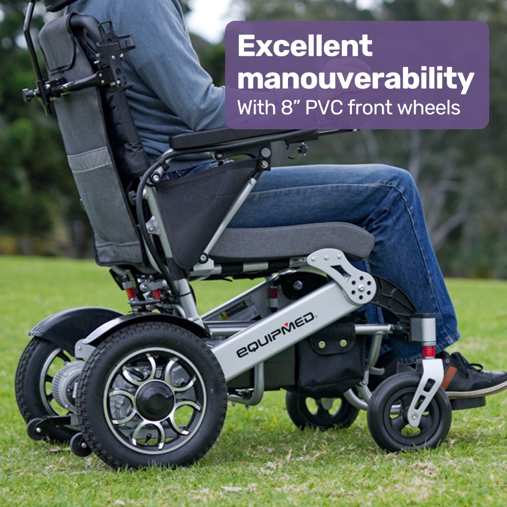 EQUIPMED Power Electric Wheelchair, Long Range, Airline Approved, Alloy, Remote Control, Lithium Battery, V219-HELWLCEQPKS8A