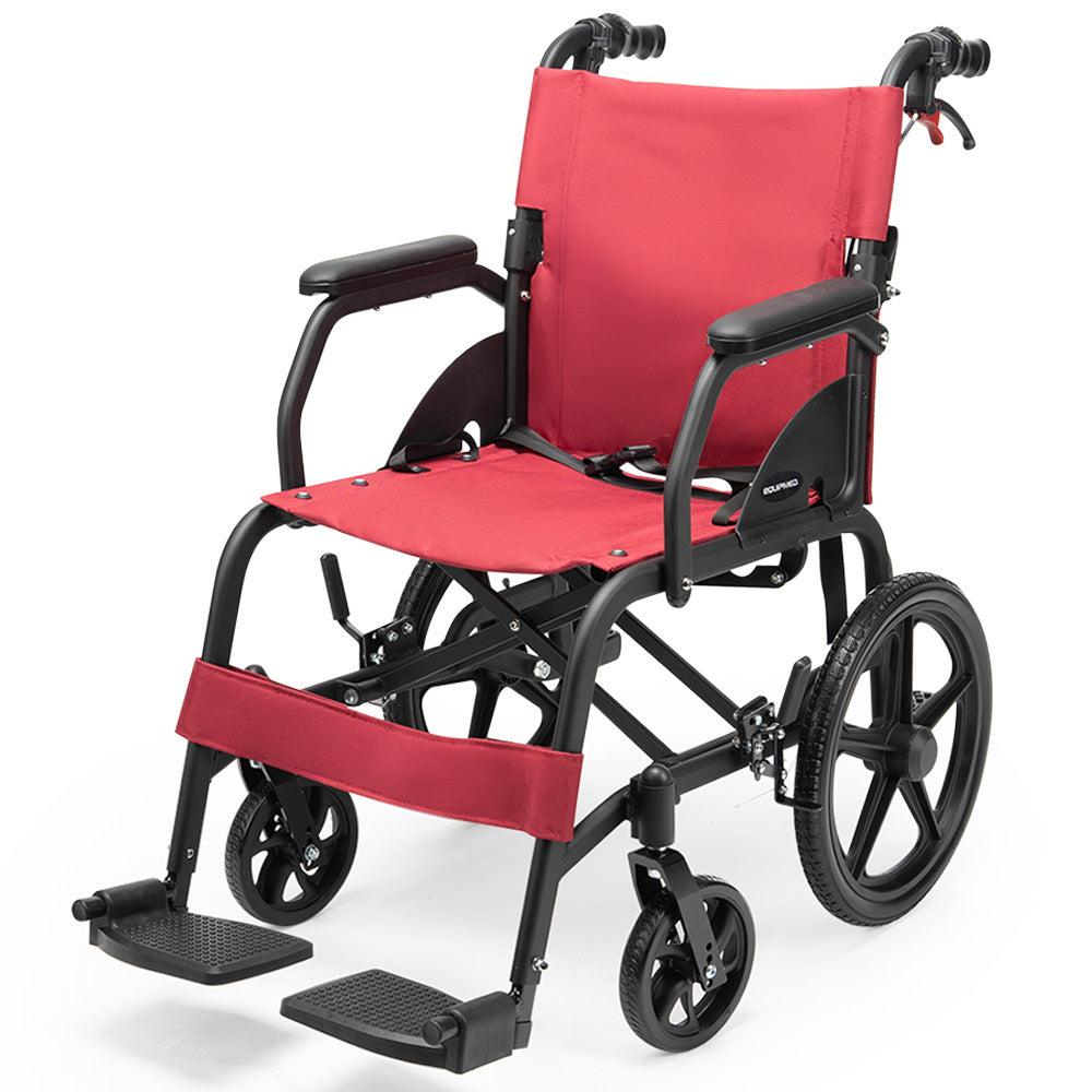 Equipmed Folding Transit Wheelchair, Lightweight Aluminium for Easy Transport, Crimson Red V219-HELWLCEQR41A